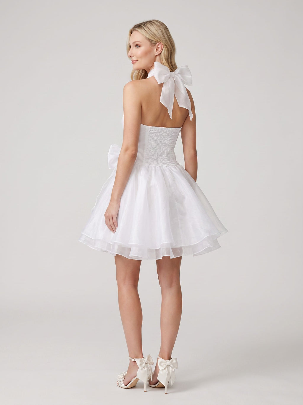 Ivory Satin A-Line Straight Neck Backless Short Dress with Structured Pleats