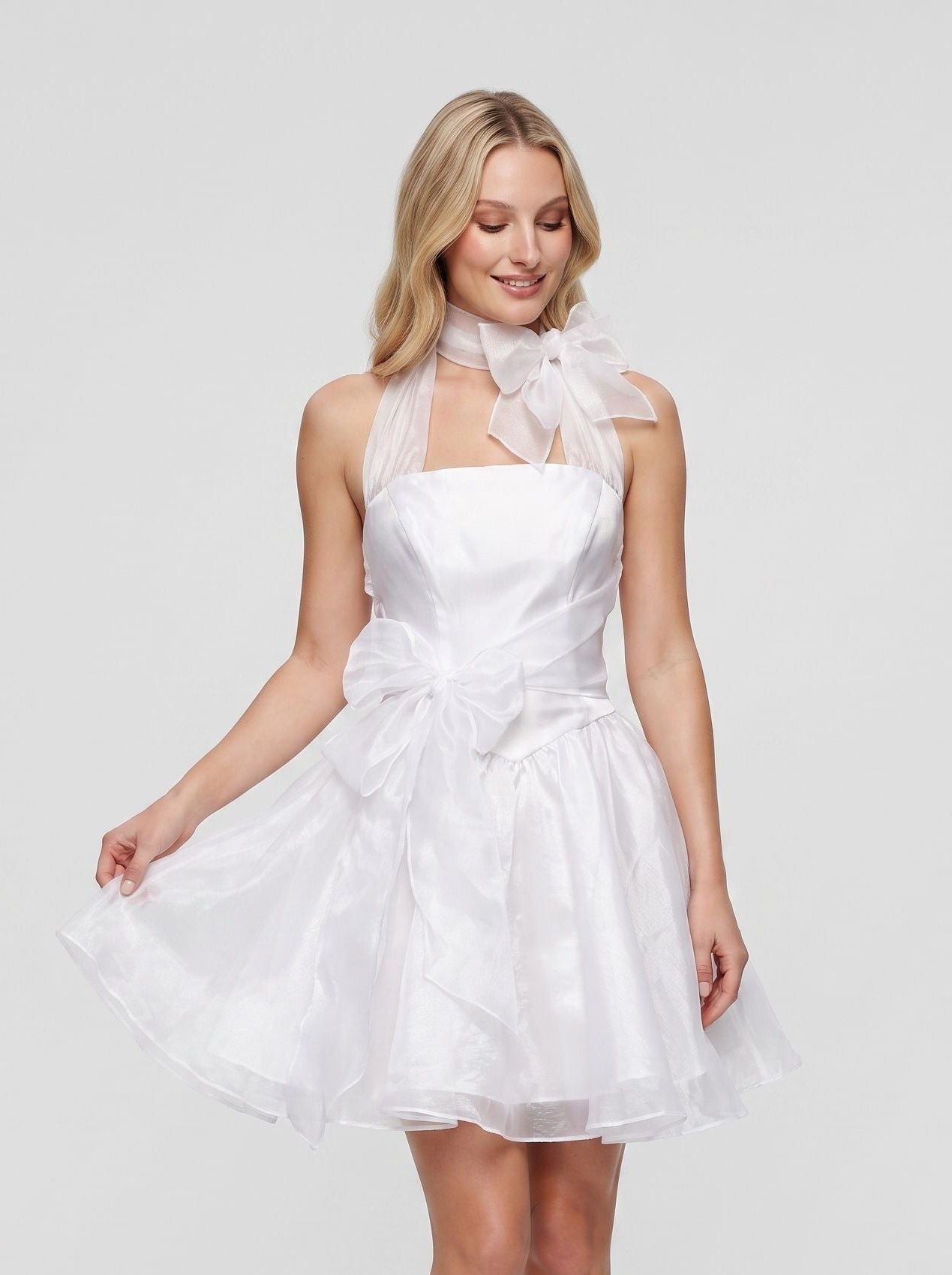 Ivory Satin A-Line Straight Neck Backless Short Dress with Structured Pleats