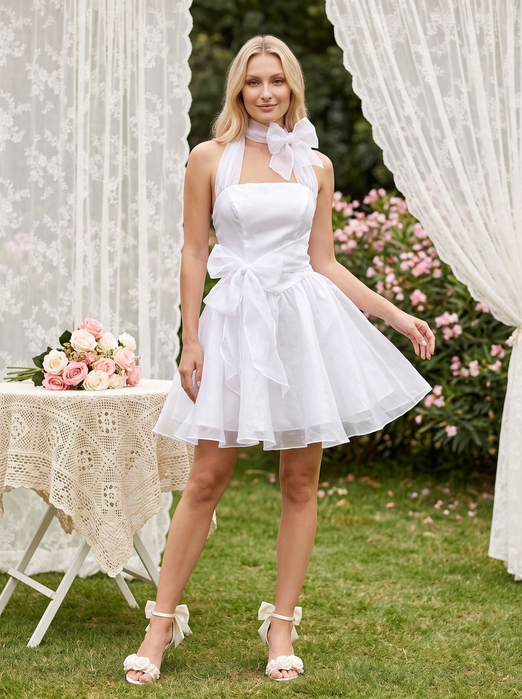 Ivory Satin A-Line Straight Neck Backless Short Dress with Structured Pleats