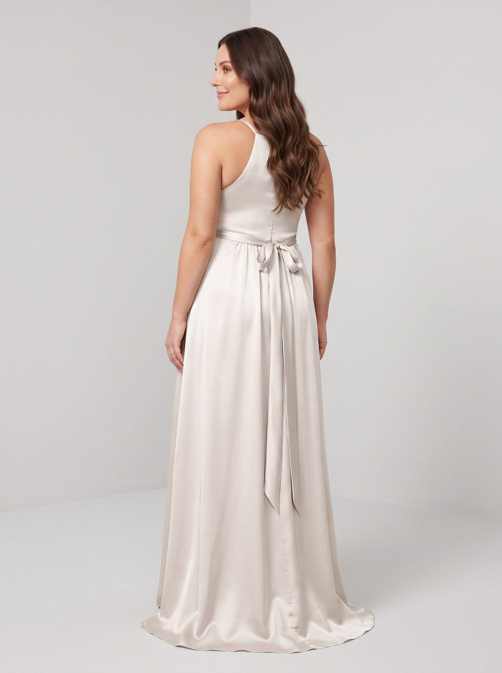 Ivory Satin Empire Halter neckline Back Zip Floor-Length Dress with Tied Waist
