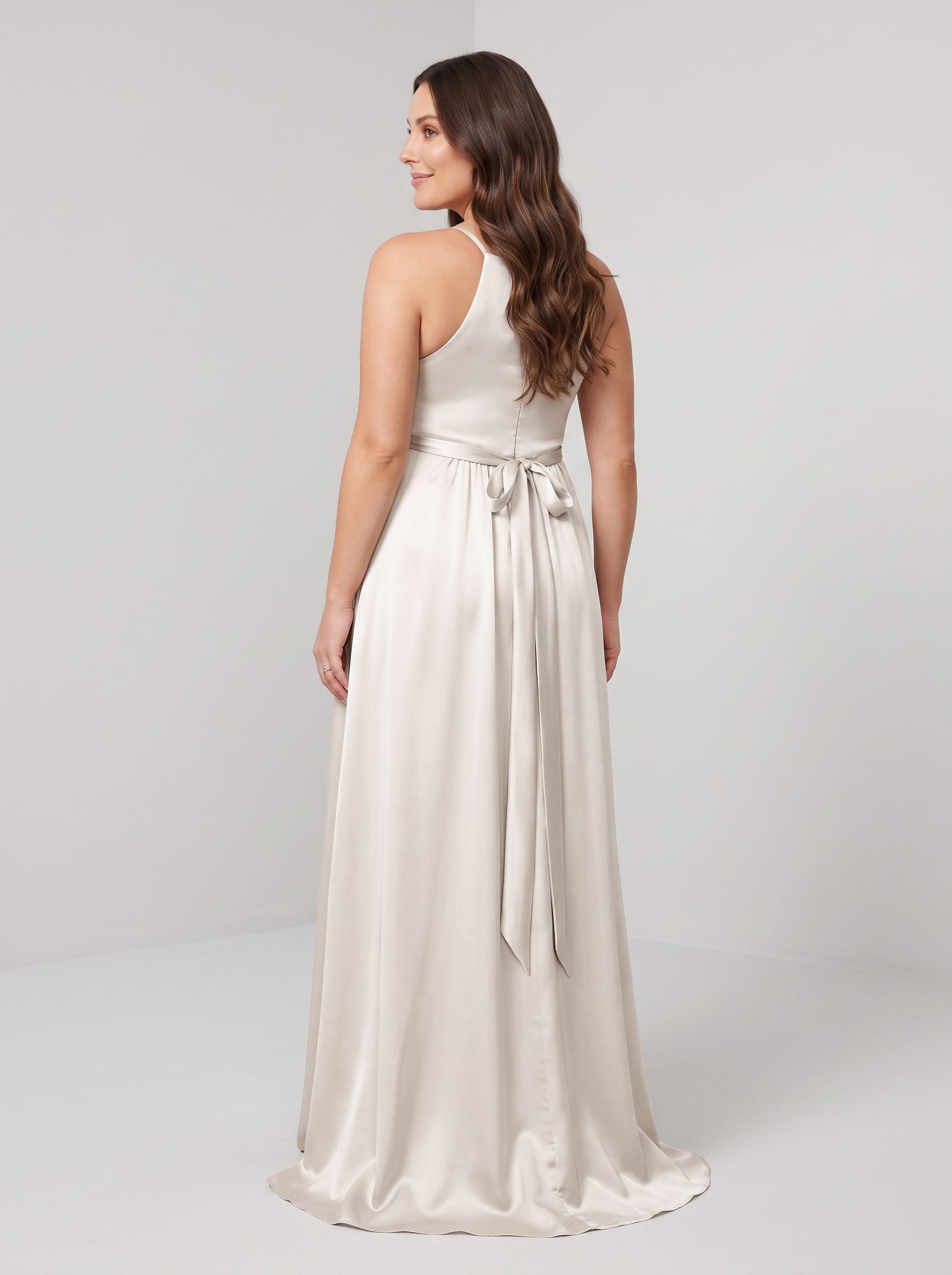 Ivory Satin Empire Halter neckline Back Zip Floor-Length Dress with Tied Waist