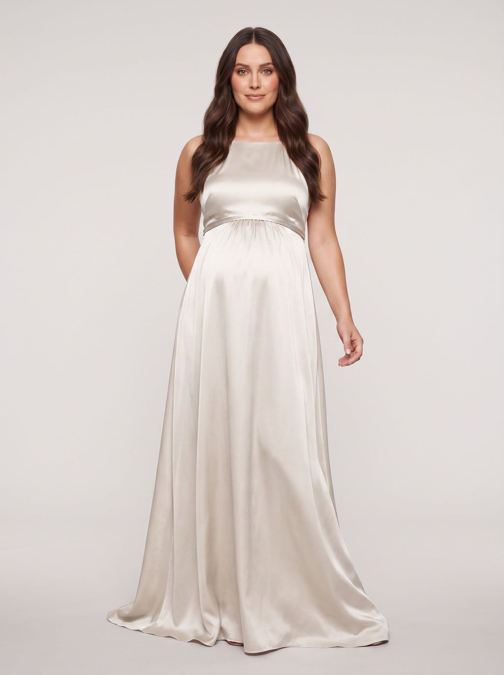 Ivory Satin Empire Halter neckline Back Zip Floor-Length Dress with Tied Waist