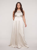 Ivory Satin Empire Halter neckline Back Zip Floor-Length Dress with Tied Waist