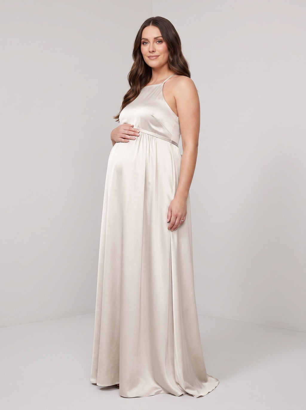 Ivory Satin Empire Halter neckline Back Zip Floor-Length Dress with Tied Waist