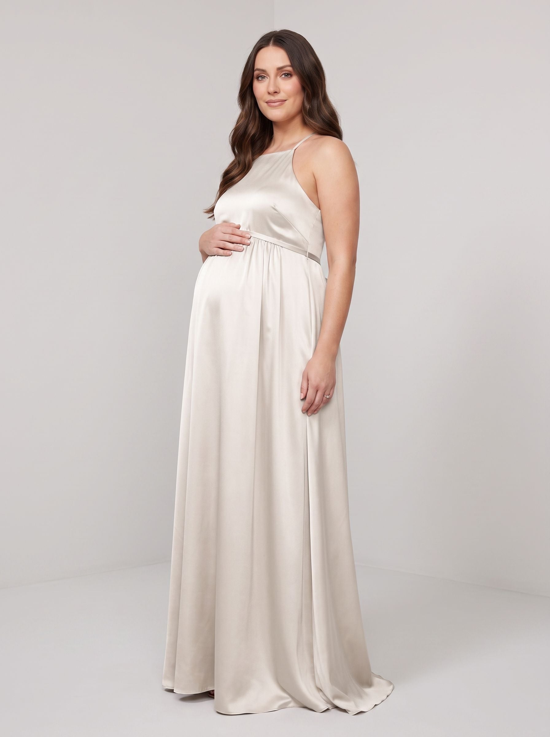 Ivory Satin Empire Halter neckline Back Zip Floor-Length Dress with Tied Waist