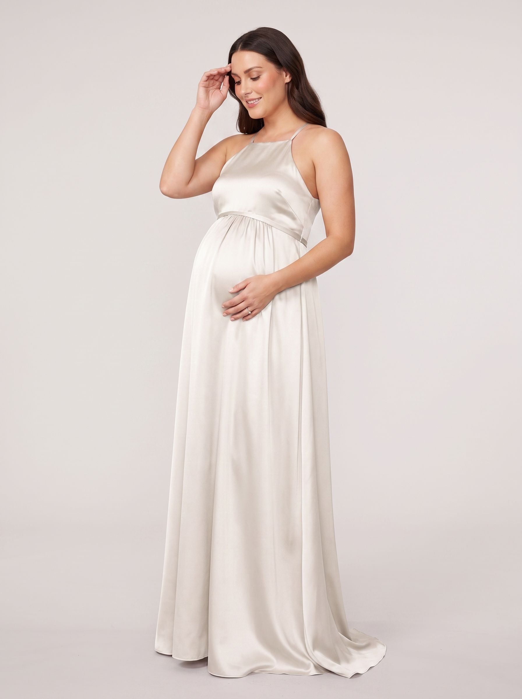 Ivory Satin Empire Halter neckline Back Zip Floor-Length Dress with Tied Waist