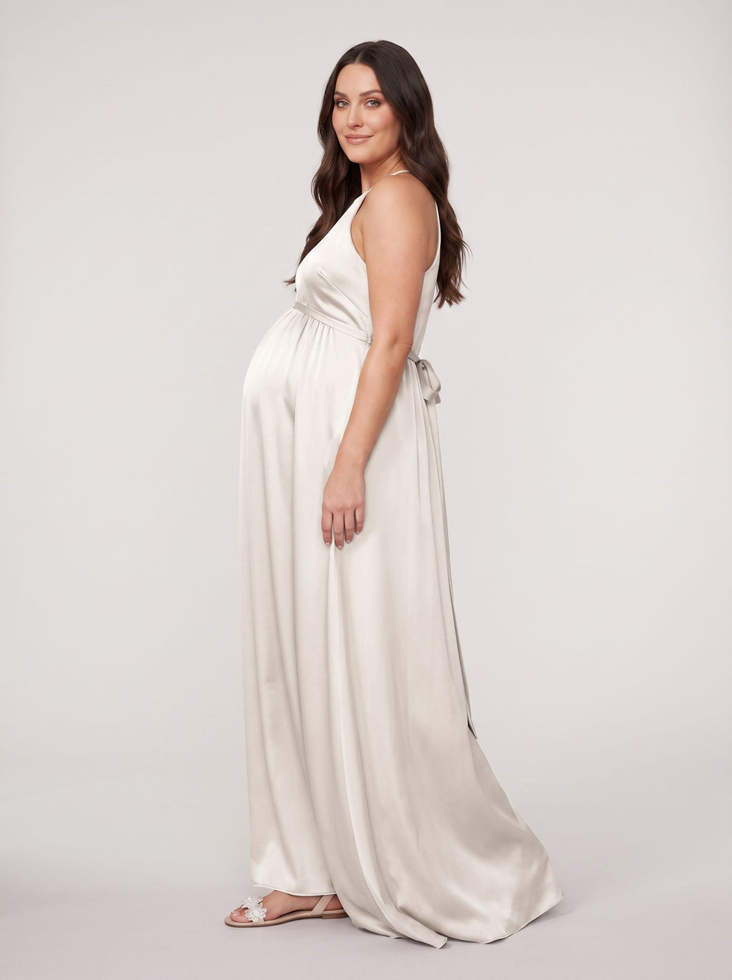Ivory Satin Empire Halter neckline Back Zip Floor-Length Dress with Tied Waist