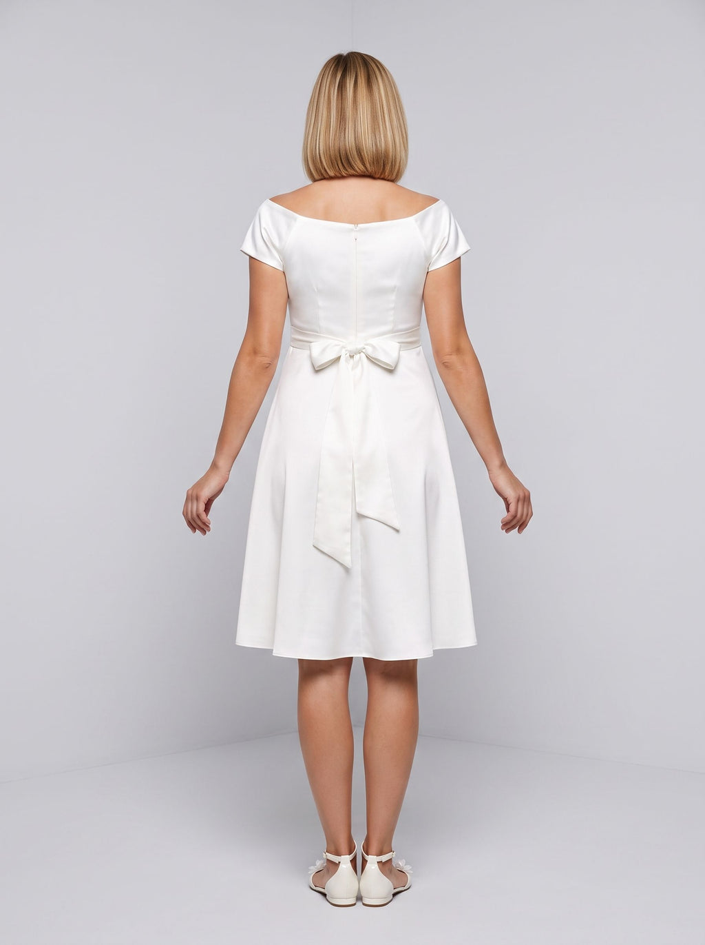Ivory Satin Empire Square Neck Back Zip Knee-Length Dress with Side Pockets