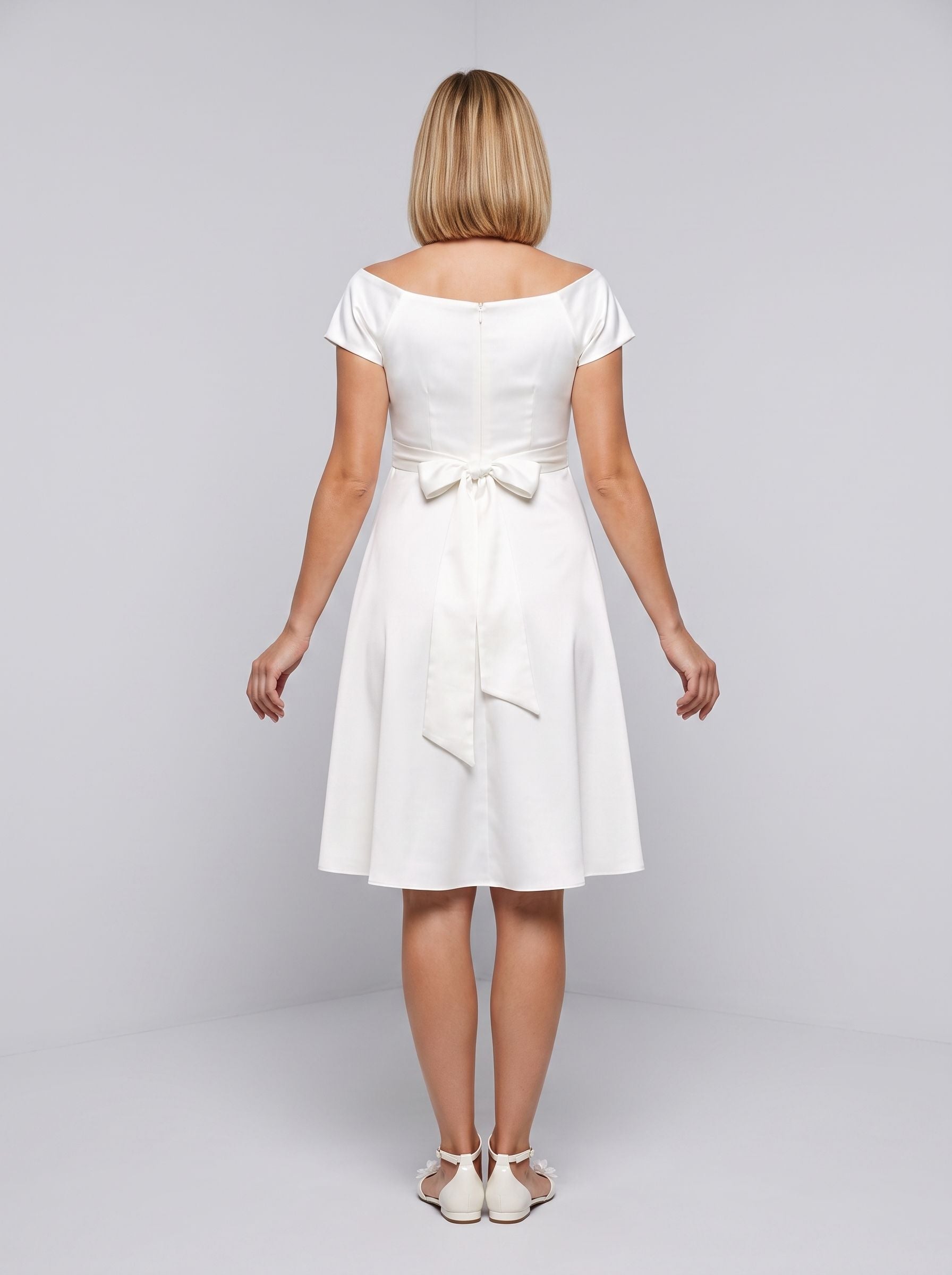 Ivory Satin Empire Square Neck Back Zip Knee-Length Dress with Side Pockets