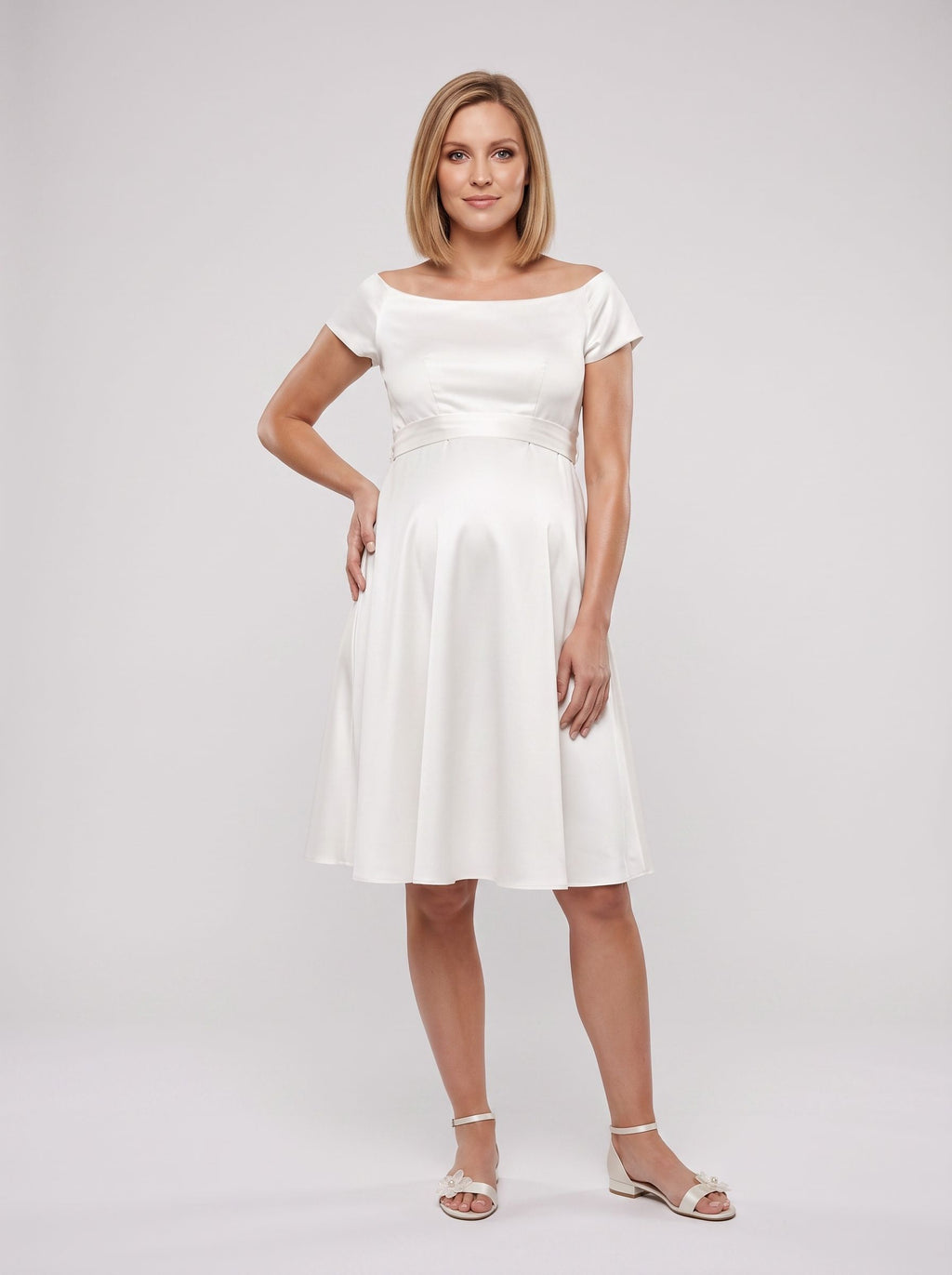 Ivory Satin Empire Square Neck Back Zip Knee-Length Dress with Side Pockets