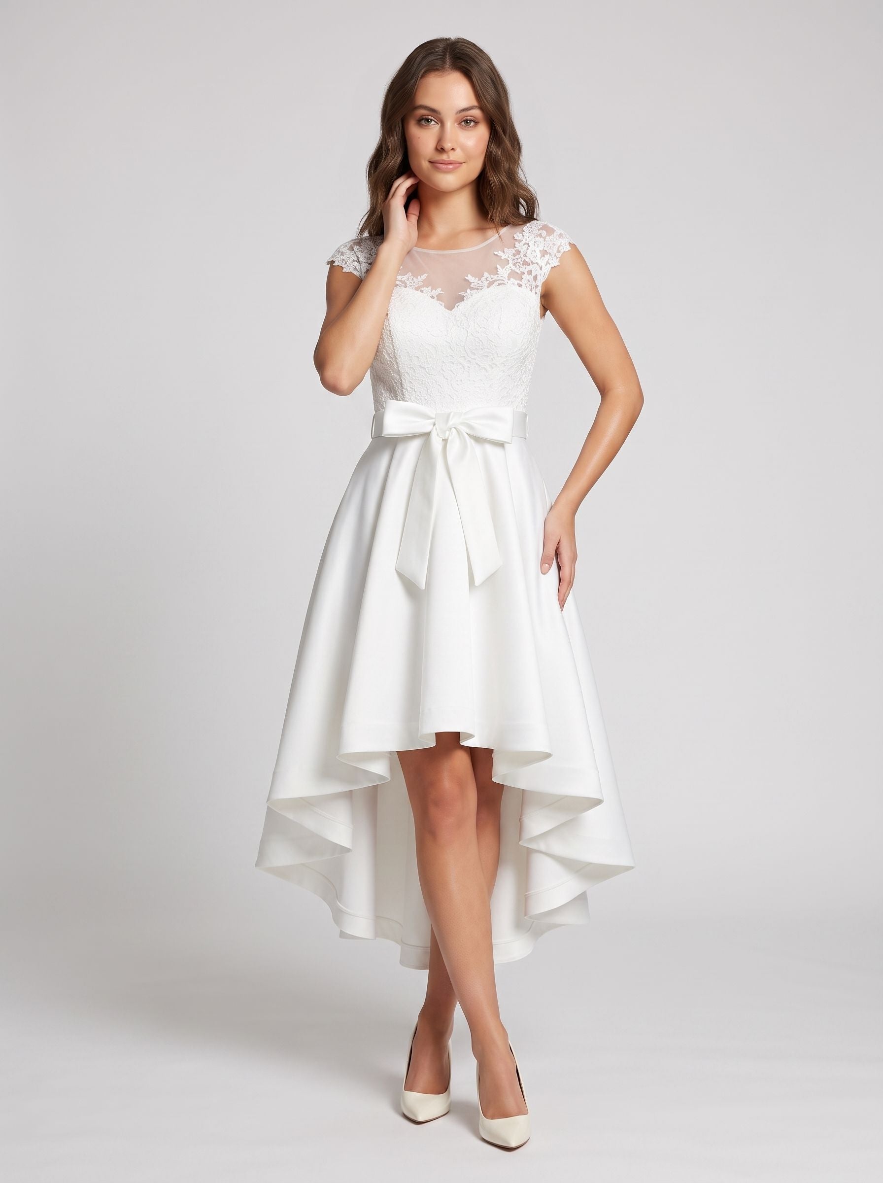 Ivory Satin and Lace A-Line Scoop Neck Back Zip Asymmetrical Dress with Lace Bodice