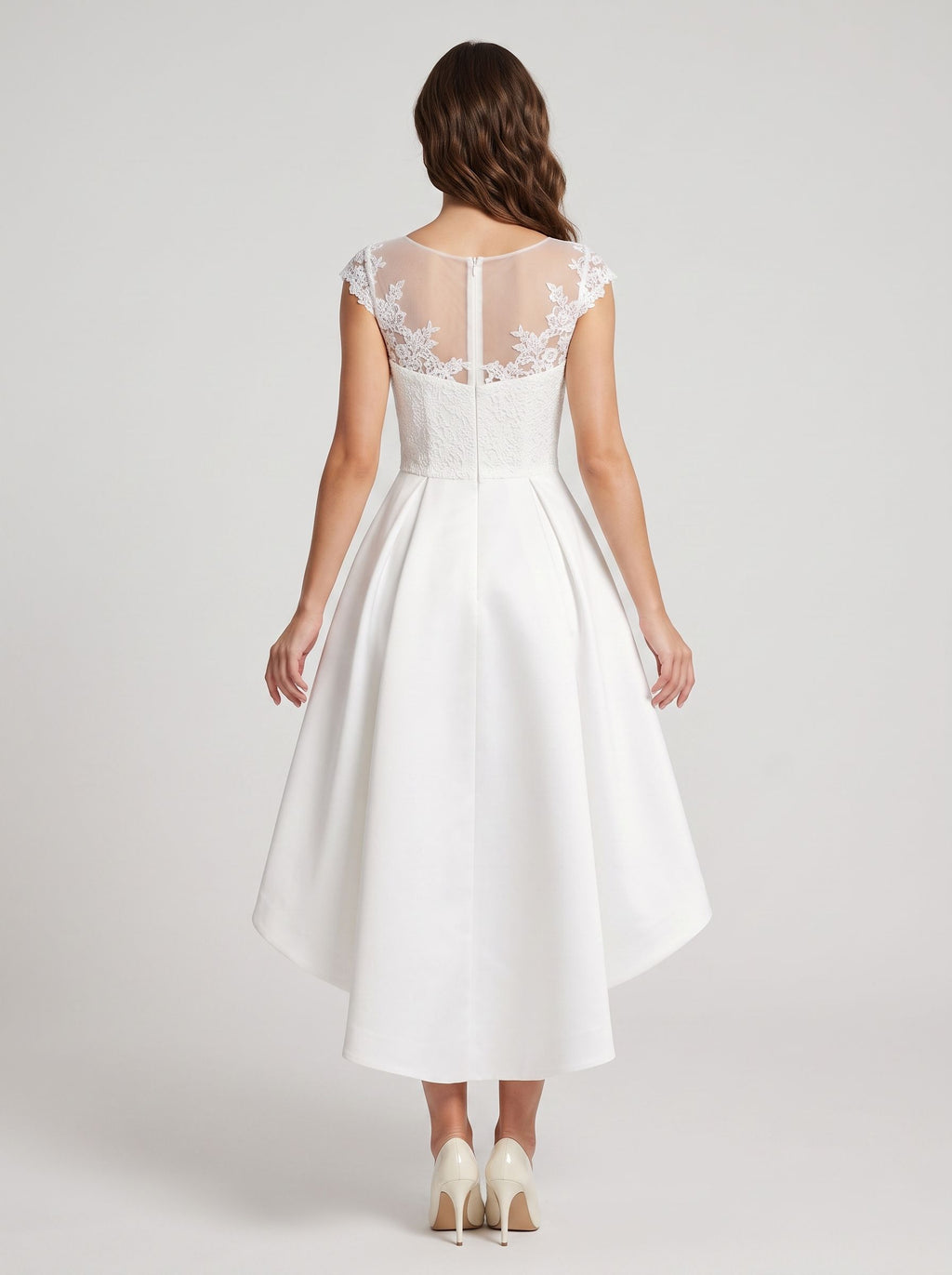 Ivory Satin and Lace A-Line Scoop Neck Back Zip Asymmetrical Dress with Lace Bodice