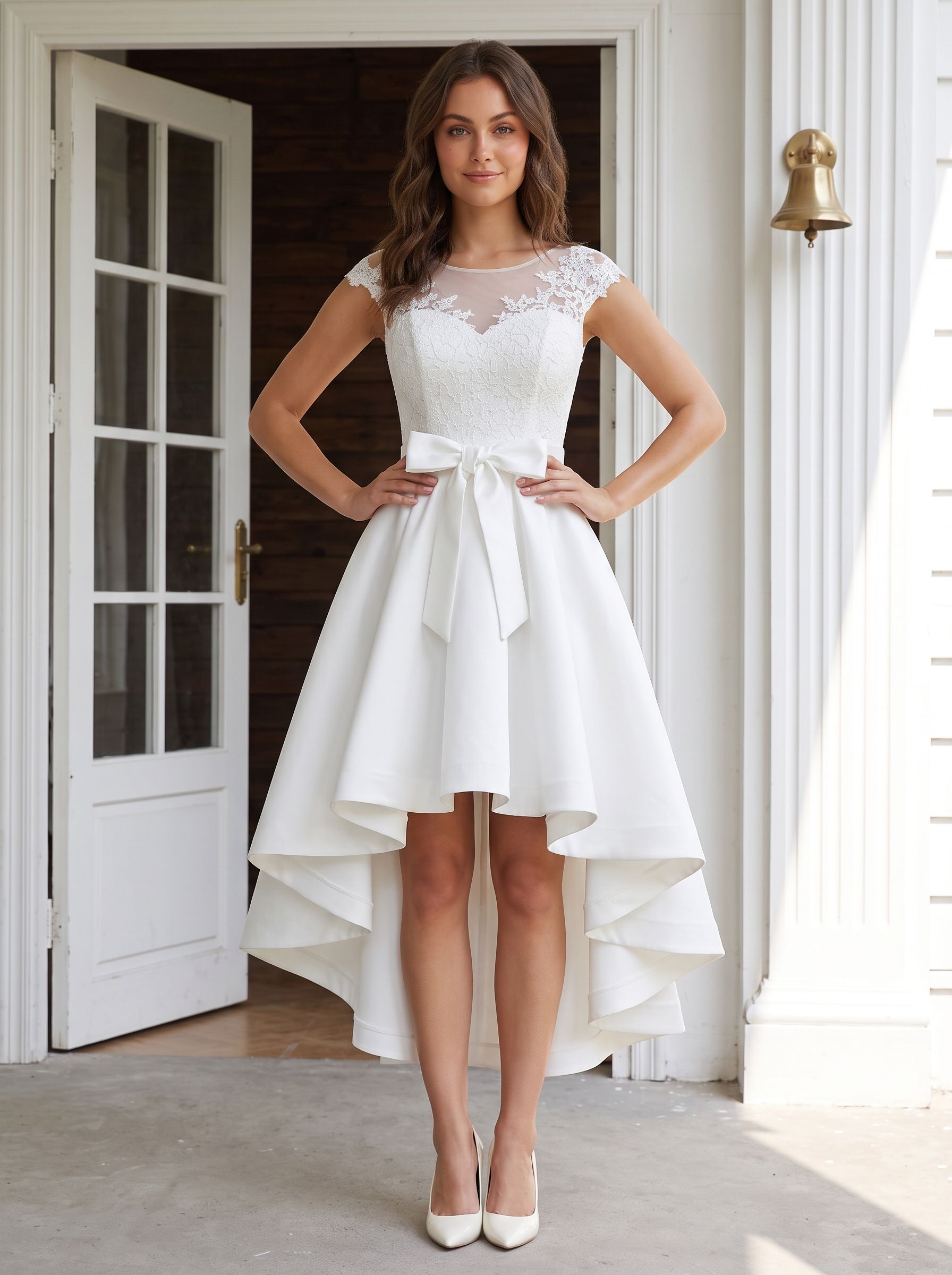 Ivory Satin and Lace A-Line Scoop Neck Back Zip Asymmetrical Dress with Lace Bodice