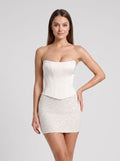 Ivory Satin Sheath Scoop Neck Lace-up Mini Dress with Sequin-embellished Skirt