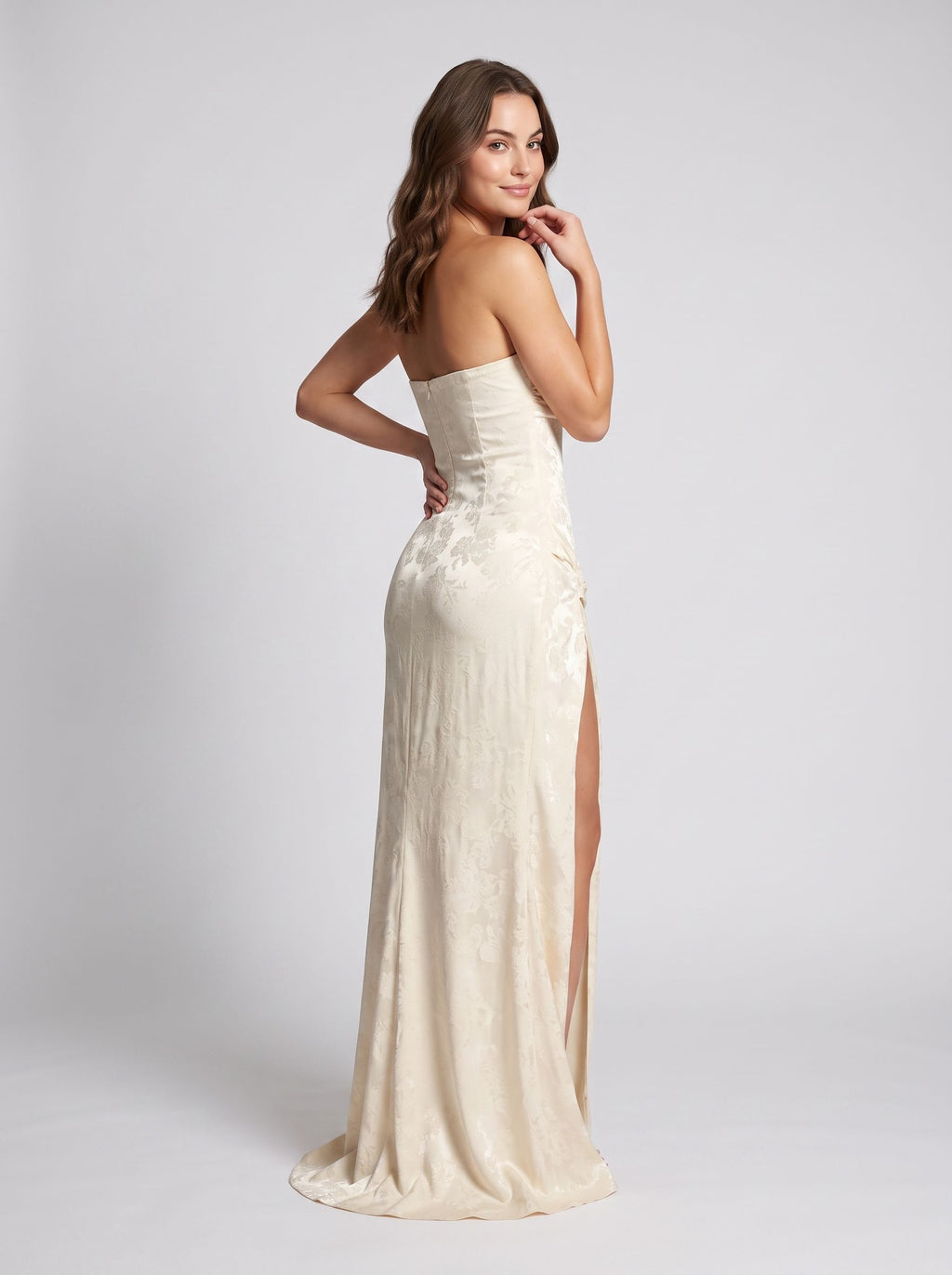 Ivory Satin Sheath Straight Neck Back Zip Floor-Length Dress with Ruched Bodice