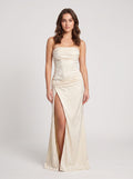 Ivory Satin Sheath Straight Neck Back Zip Floor-Length Dress with Ruched Bodice