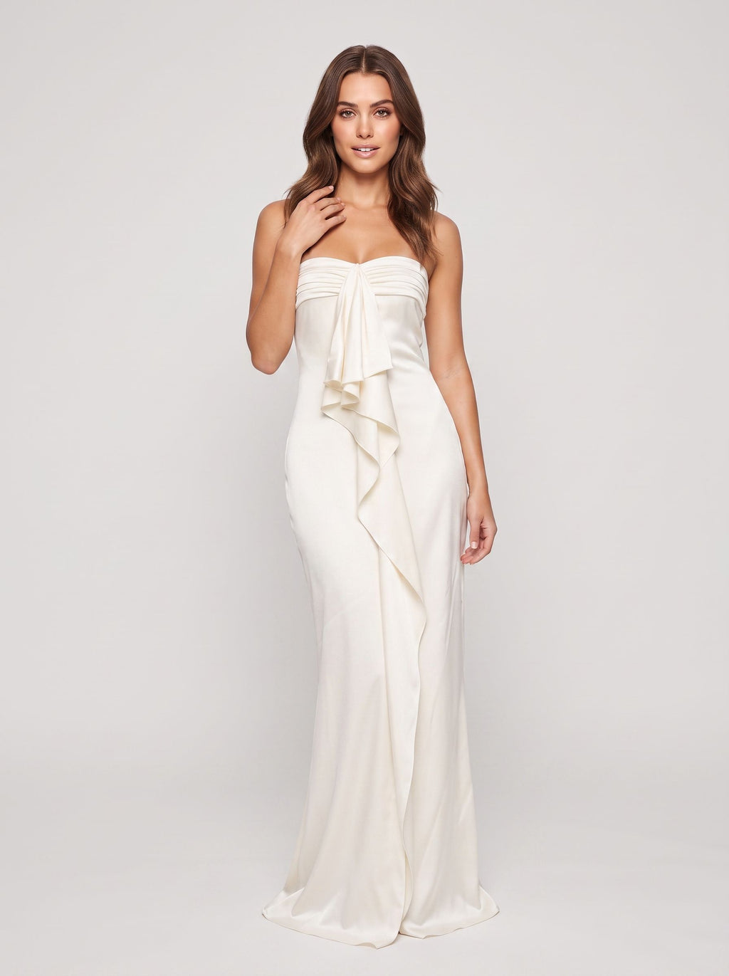 Ivory Satin column Straight Neck Back Zip Floor-Length Dress with Cascading Ruffles