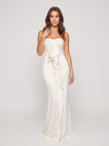 Ivory Satin column Straight Neck Back Zip Floor-Length Dress with Cascading Ruffles