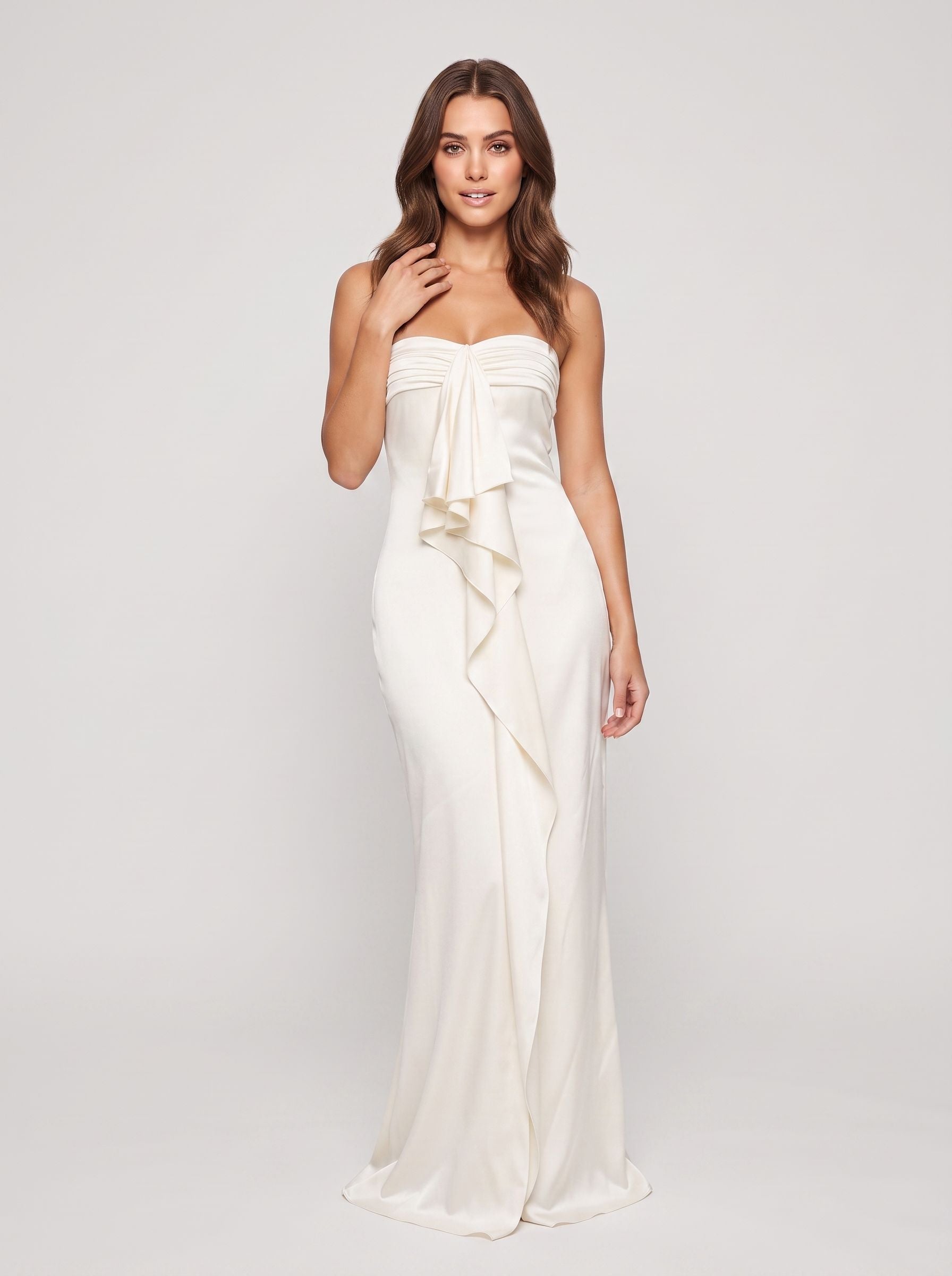 Ivory Satin column Straight Neck Back Zip Floor-Length Dress with Cascading Ruffles