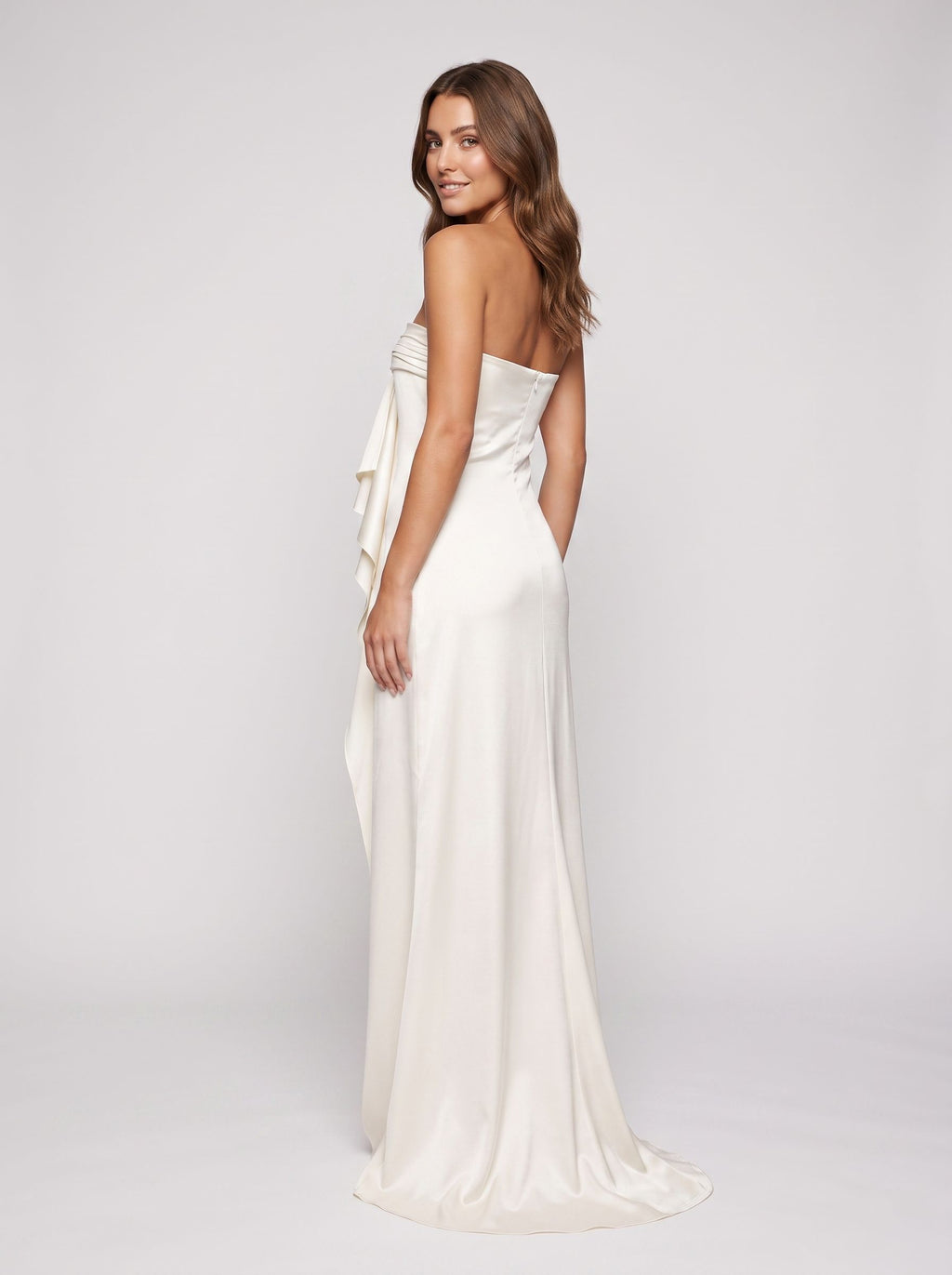 Ivory Satin column Straight Neck Back Zip Floor-Length Dress with Cascading Ruffles