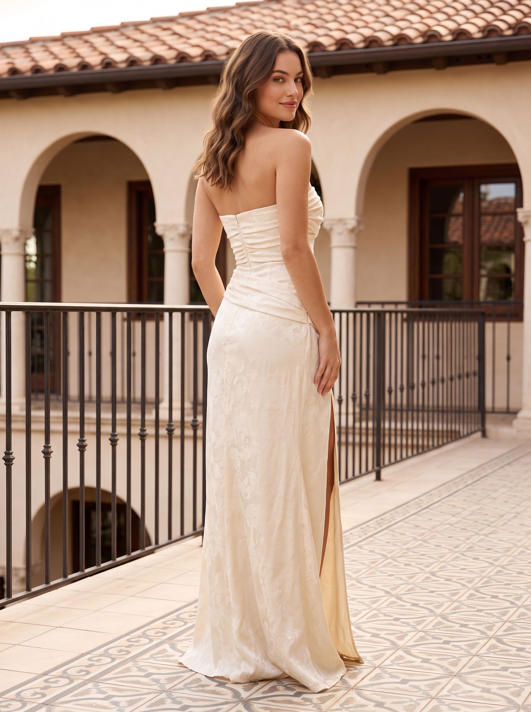 Ivory Satin Sheath Straight Neck Back Zip Floor-Length Dress with Ruched Bodice
