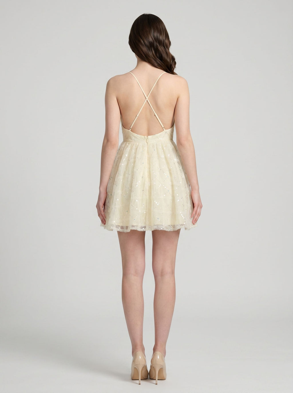 Ivory Sequins A-Line V-Neck Criss-Cross Straps Short Dress with Sequin Applique