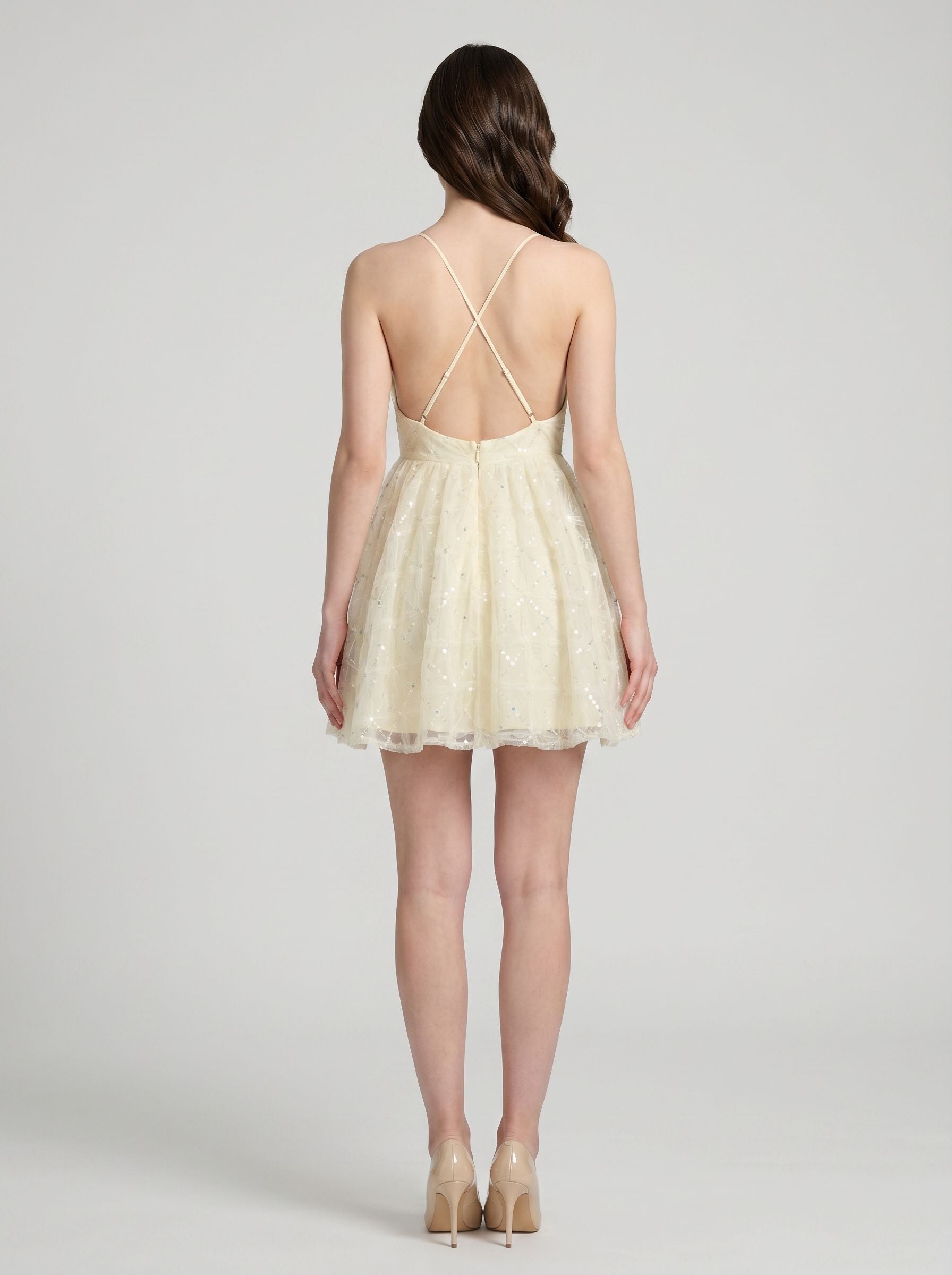 Ivory Sequins A-Line V-Neck Criss-Cross Straps Short Dress with Sequin Applique