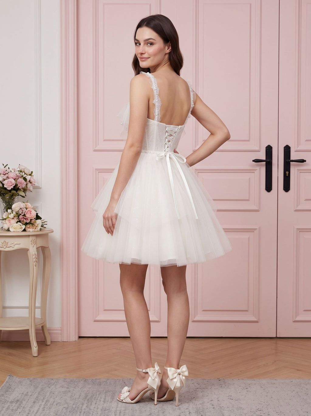 Ivory Tulle A-Line V-Neck Lace-up Short Dress with Pearls
