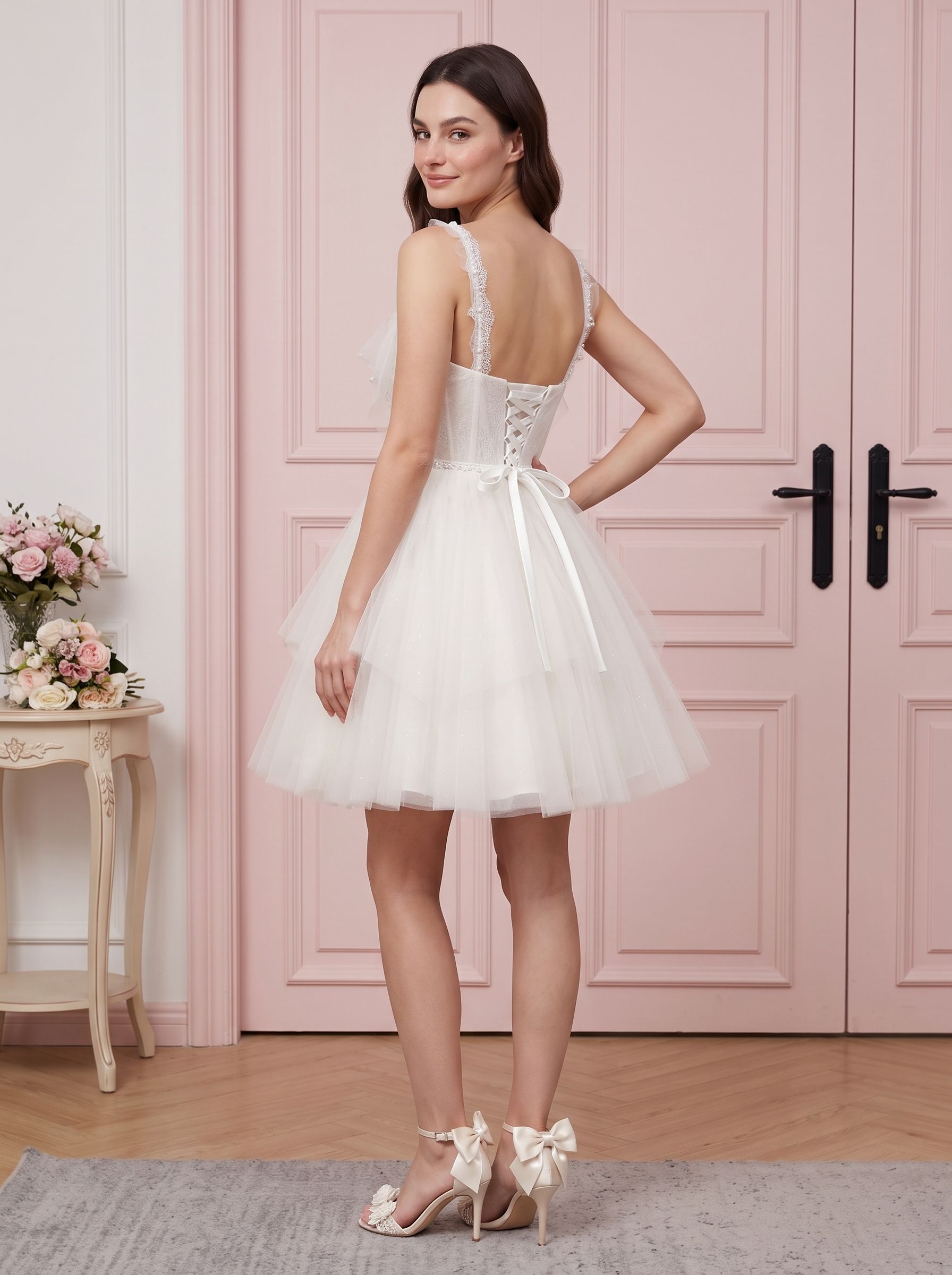 Ivory Tulle A-Line V-Neck Lace-up Short Dress with Pearls