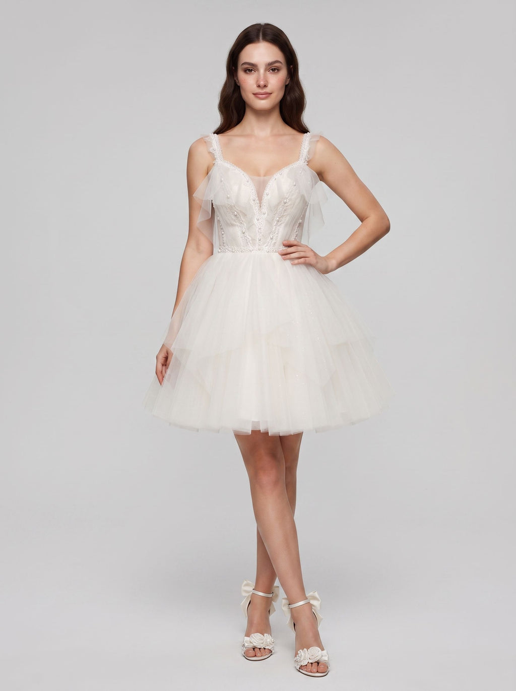 Ivory Tulle A-Line V-Neck Lace-up Short Dress with Pearls
