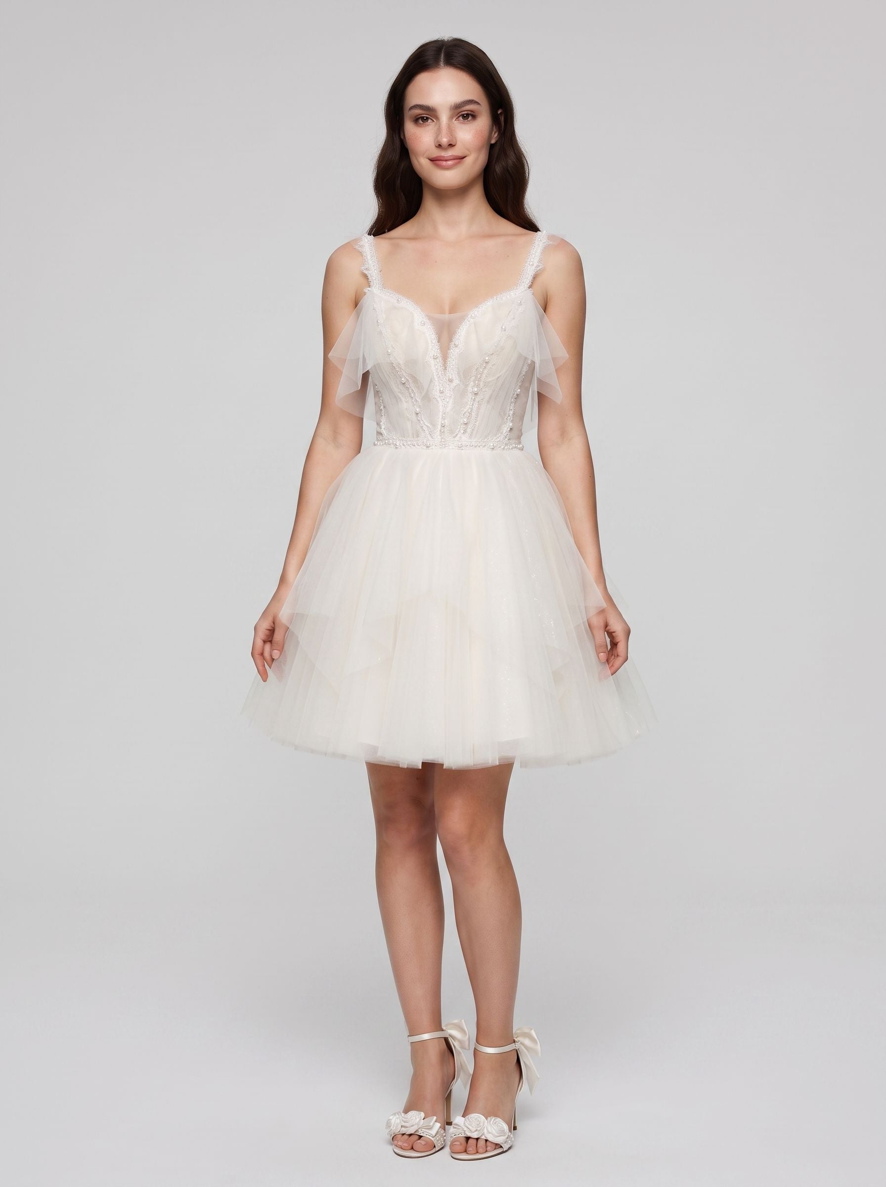 Ivory Tulle A-Line V-Neck Lace-up Short Dress with Pearls
