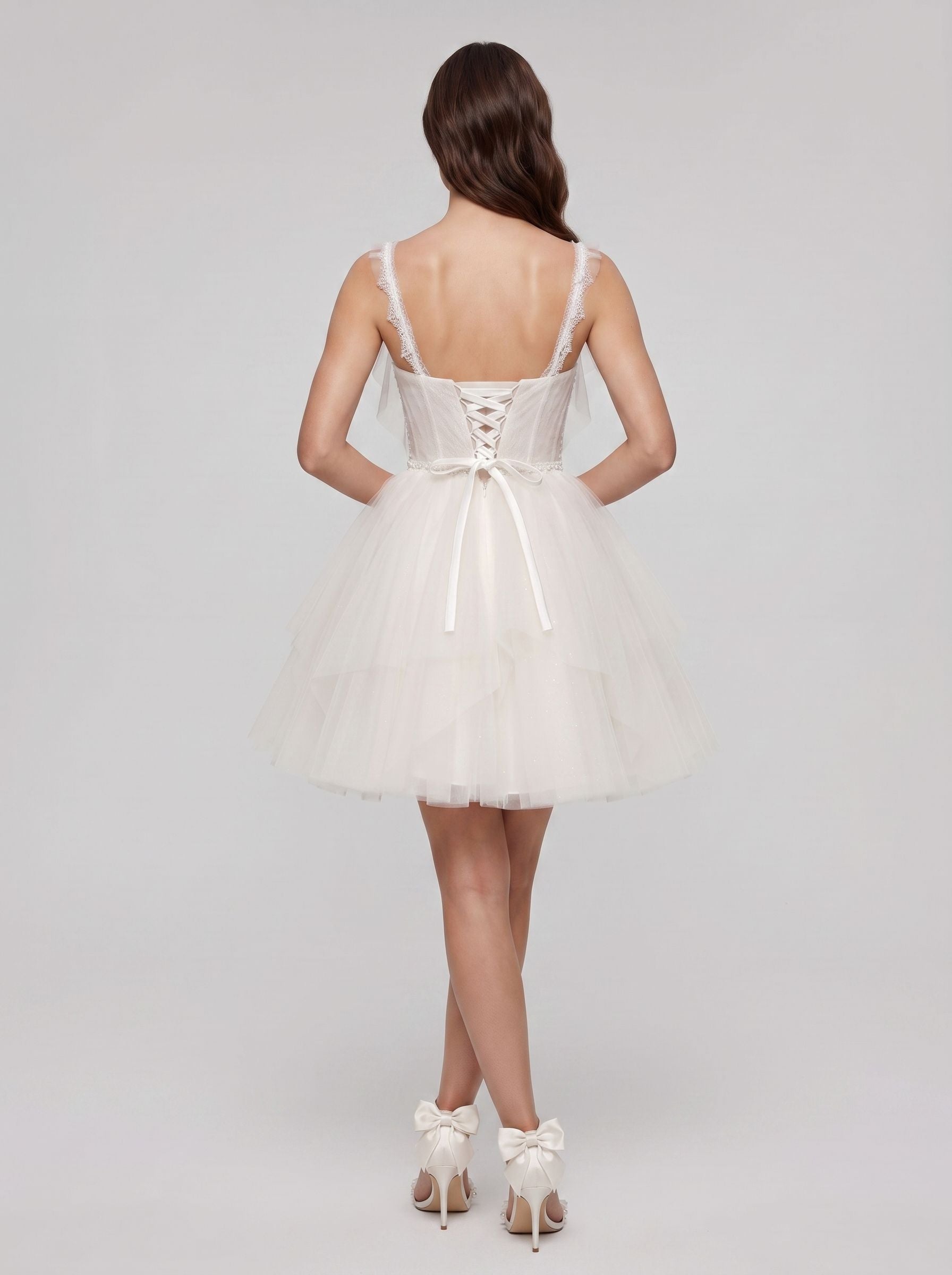 Ivory Tulle A-Line V-Neck Lace-up Short Dress with Pearls