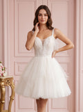 Ivory Tulle A-Line V-Neck Lace-up Short Dress with Pearls
