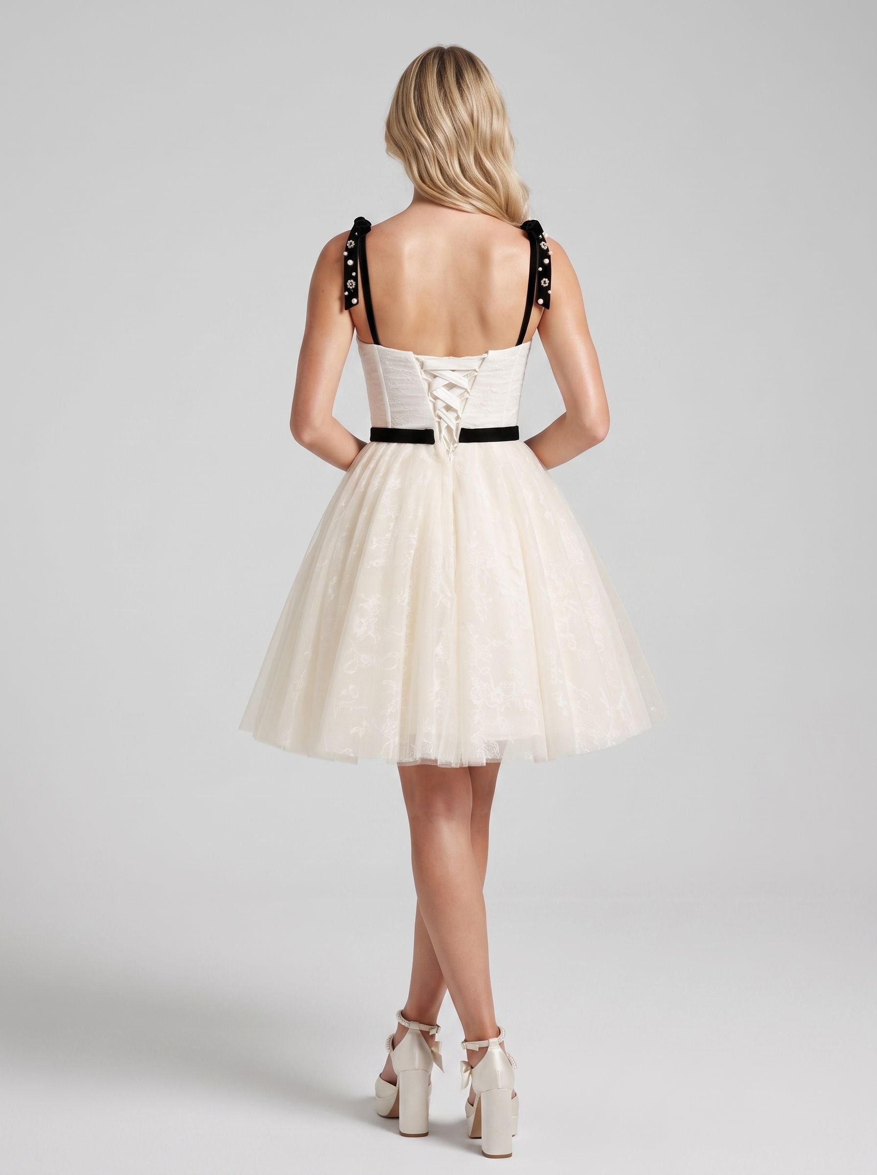 Ivory Tulle A-Line Straight Neck Backless Short Dress with Contrast Sash