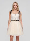 Ivory Tulle A-Line Straight Neck Backless Short Dress with Contrast Sash