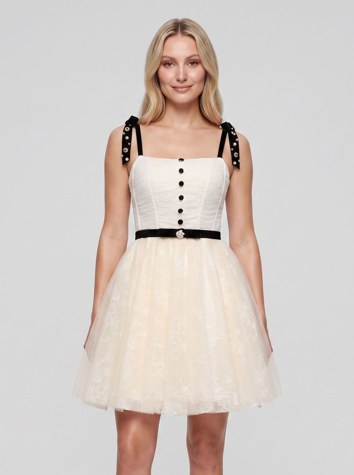 Ivory Tulle A-Line Straight Neck Backless Short Dress with Contrast Sash