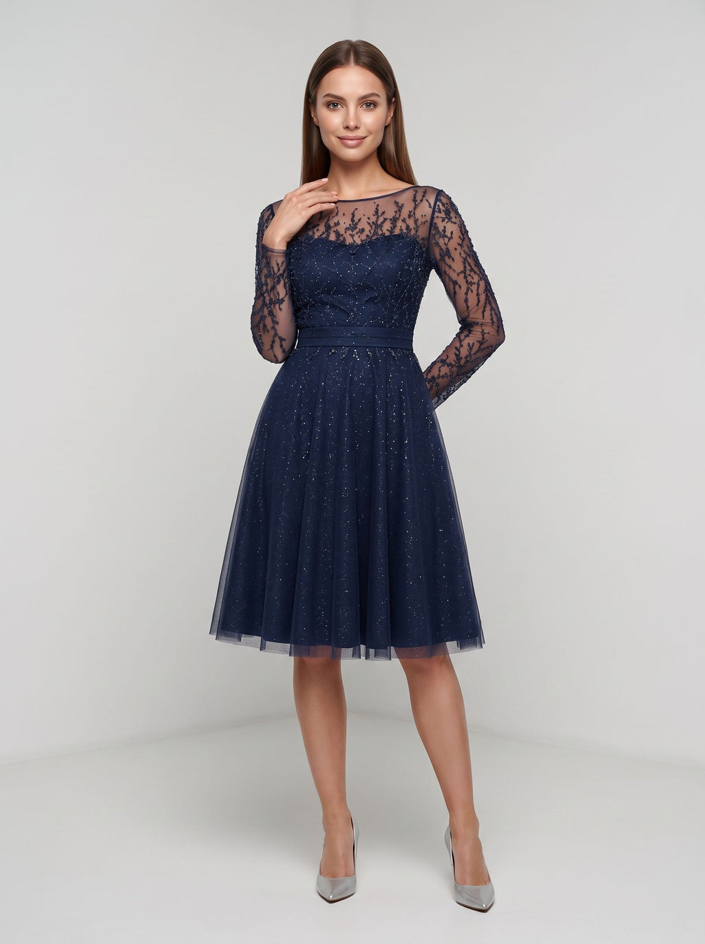 Navy Blue Tulle A-Line Scoop Neck Illusion Knee-Length Dress with Sheer Long Sleeves