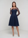 Navy Blue Tulle A-Line Scoop Neck Illusion Knee-Length Dress with Sheer Long Sleeves