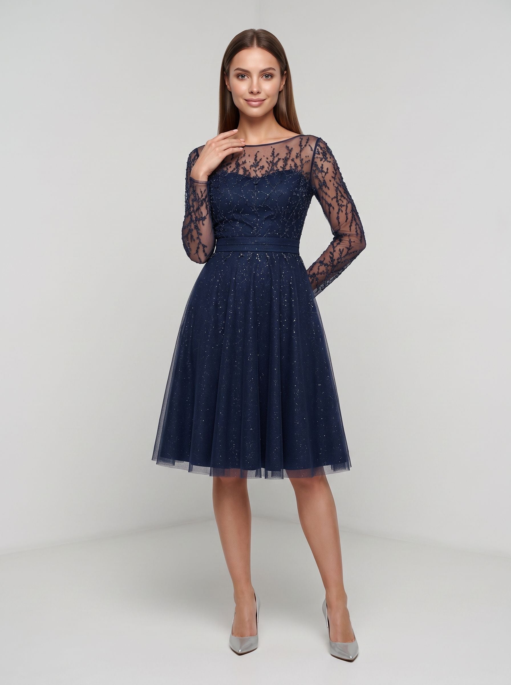 Navy Blue Tulle A-Line Scoop Neck Illusion Knee-Length Dress with Sheer Long Sleeves