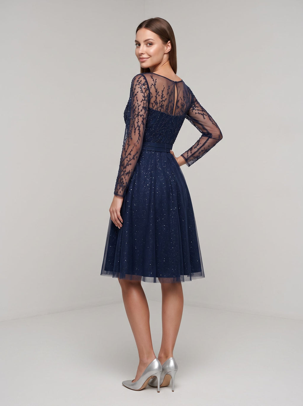 Navy Blue Tulle A-Line Scoop Neck Illusion Knee-Length Dress with Sheer Long Sleeves