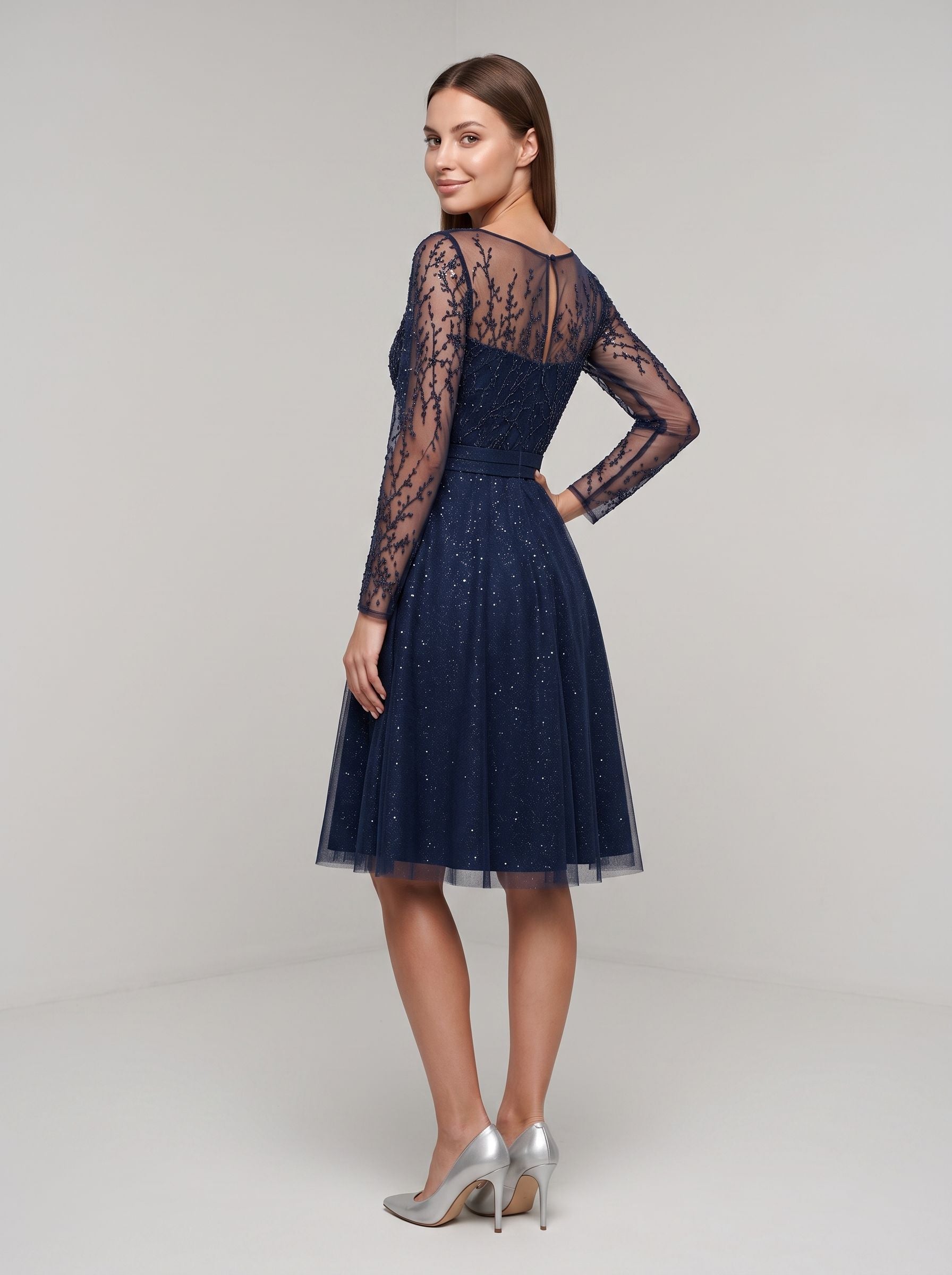 Navy Blue Tulle A-Line Scoop Neck Illusion Knee-Length Dress with Sheer Long Sleeves
