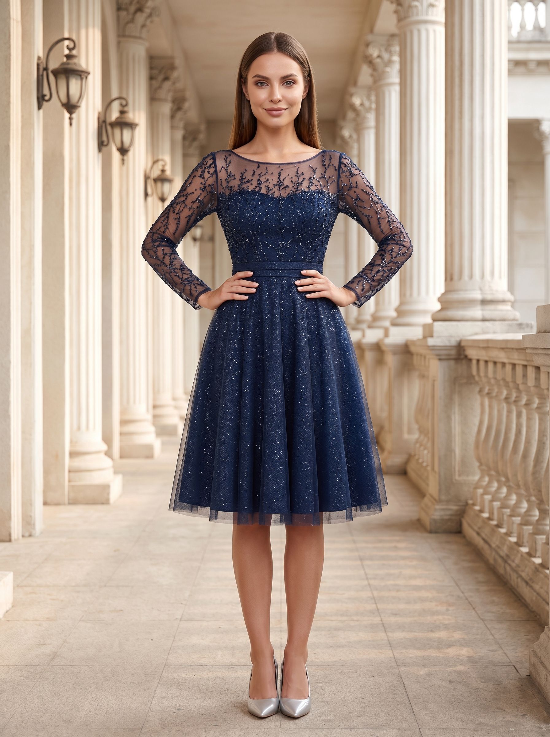 Navy Blue Tulle A-Line Scoop Neck Illusion Knee-Length Dress with Sheer Long Sleeves