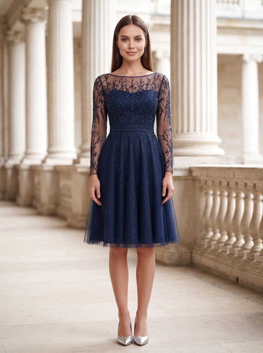 Navy Blue Tulle A-Line Scoop Neck Illusion Knee-Length Dress with Sheer Long Sleeves