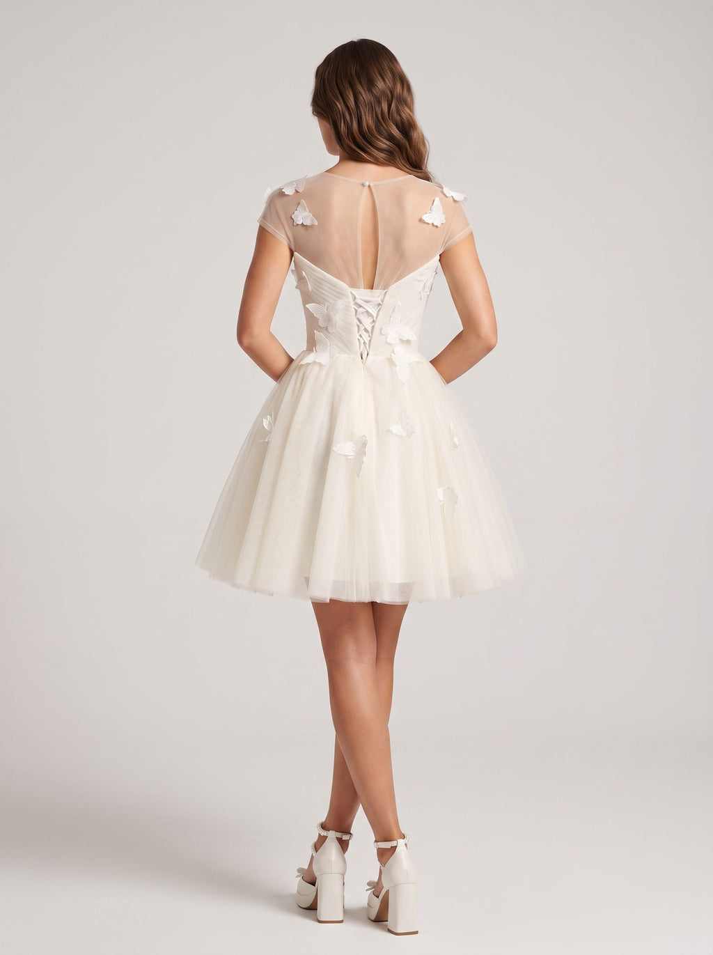 Ivory Tulle A-Line Scoop Neck Lace-up Short Dress with Butterfly Appliques