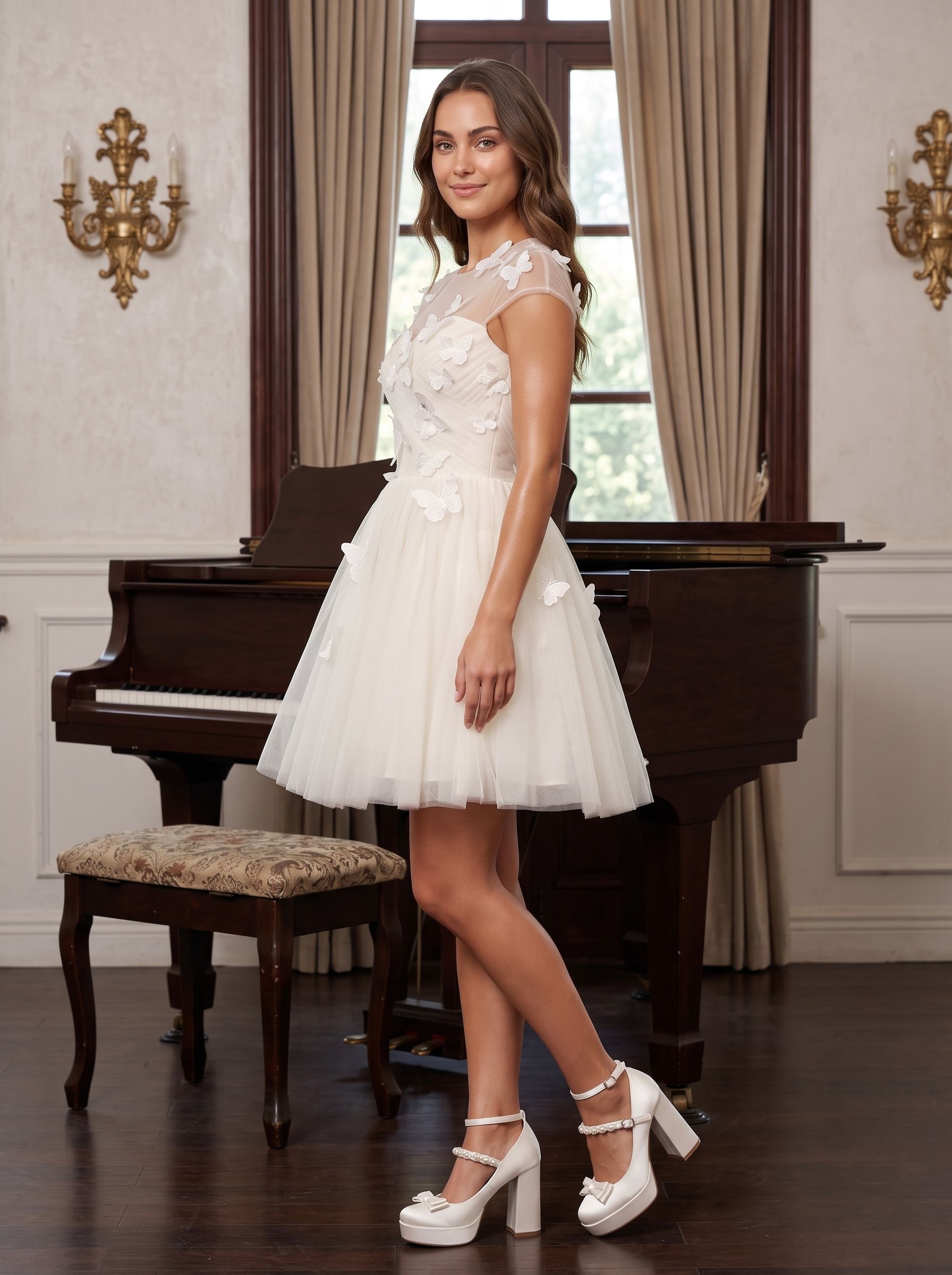 Ivory Tulle A-Line Scoop Neck Lace-up Short Dress with Butterfly Appliques
