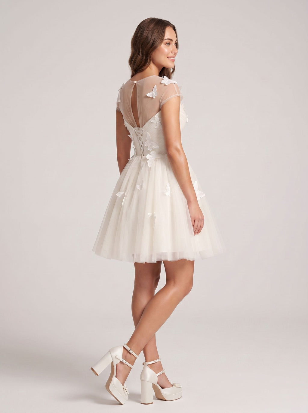 Ivory Tulle A-Line Scoop Neck Lace-up Short Dress with Butterfly Appliques