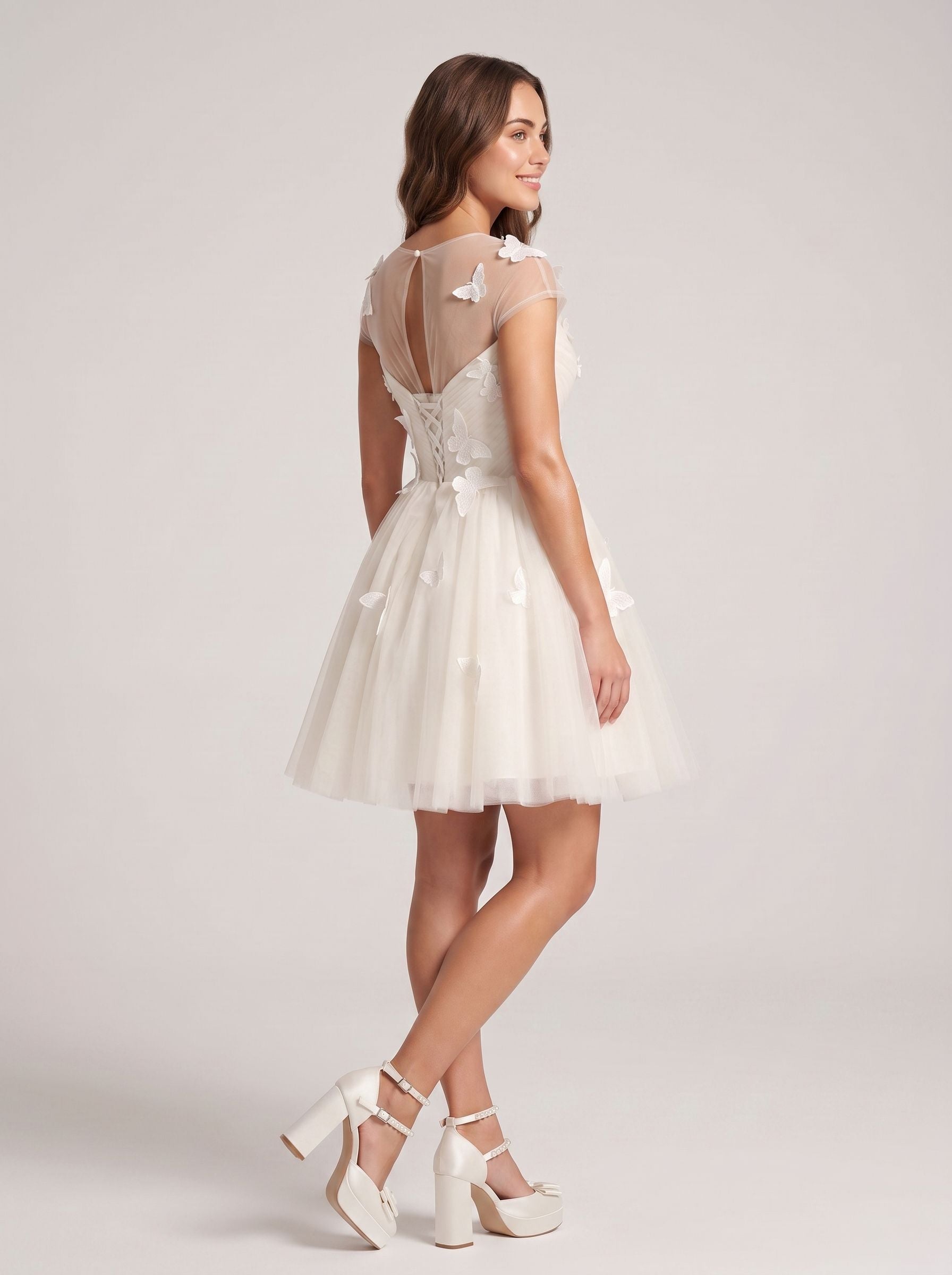 Ivory Tulle A-Line Scoop Neck Lace-up Short Dress with Butterfly Appliques