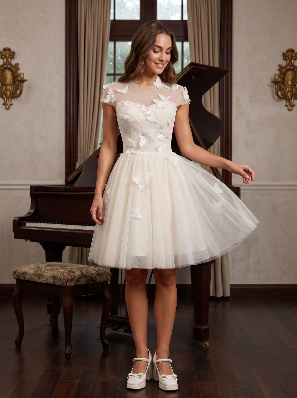 Ivory Tulle A-Line Scoop Neck Lace-up Short Dress with Butterfly Appliques