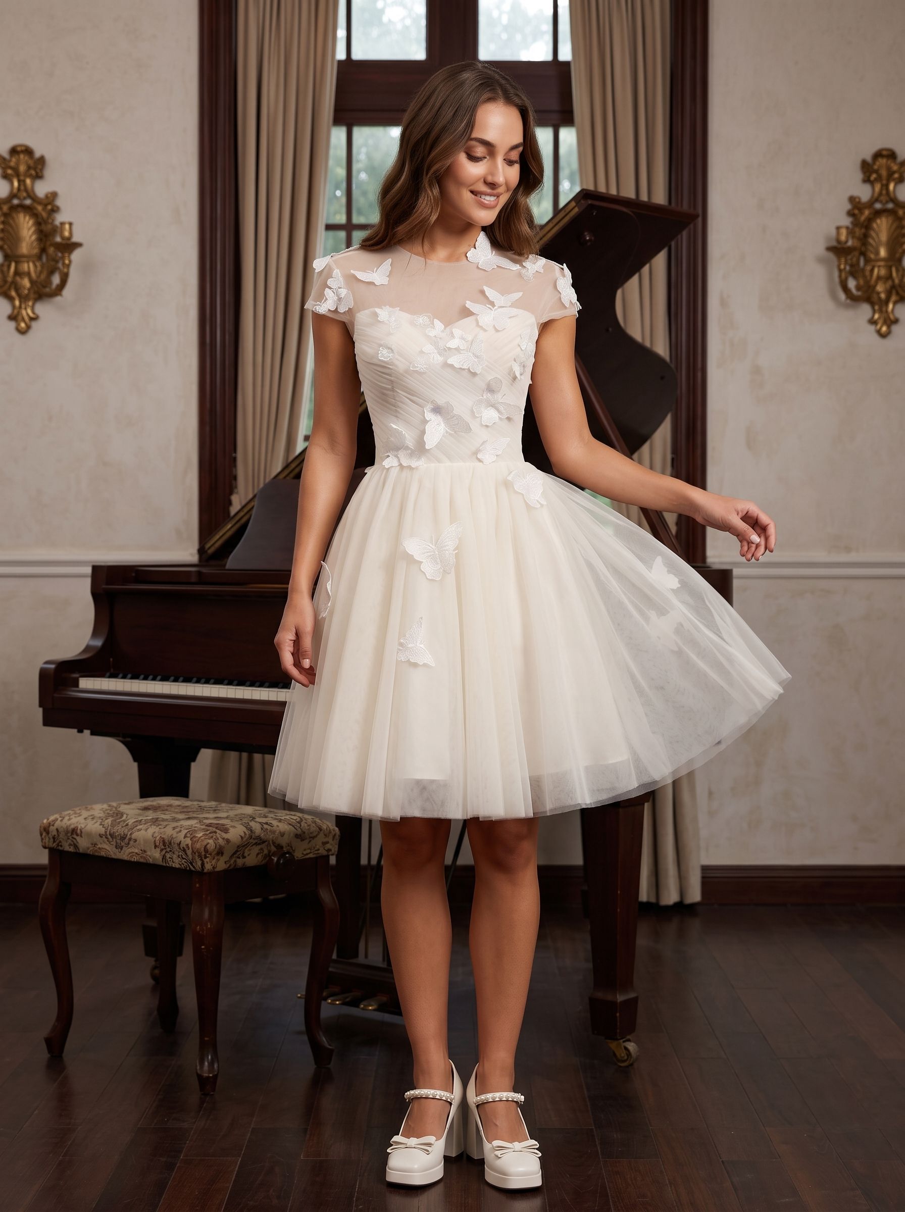 Ivory Tulle A-Line Scoop Neck Lace-up Short Dress with Butterfly Appliques
