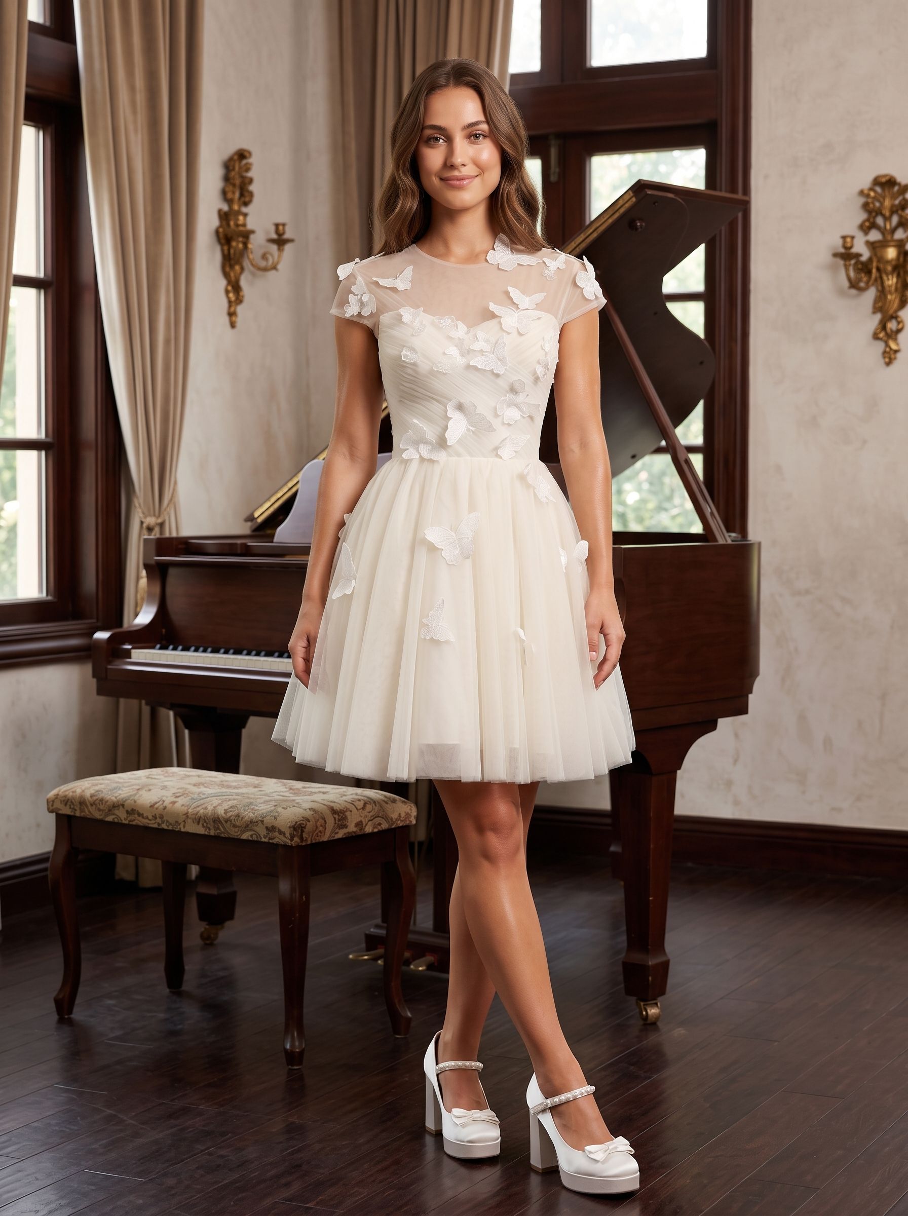 Ivory Tulle A-Line Scoop Neck Lace-up Short Dress with Butterfly Appliques